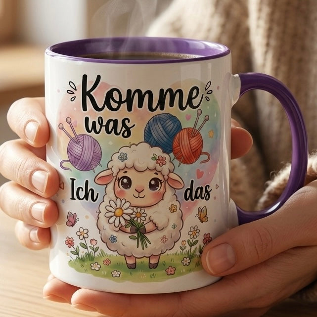 Lustige Schaf Tasse Spruch Komme was wolle Ich schaf das – Witzige Kaffeetasse Stricken Häkeln Wolle Handarbeit Motiv – Geschenk Freundin Geburtstag Mutmacher – Keramik Becher 330ml