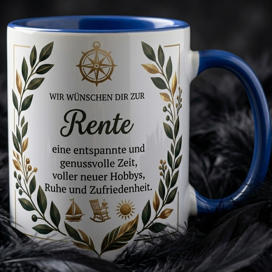 Tasse Spruch Wir wünschen dir zur Rente eine entspannte genussvolle Zeit – Geschenk zum Ruhestand Abschied Kollege Rente 2026 – Kaffeetasse – Keramik Becher Weiß Blau 330ml