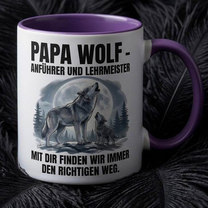 Papa Tasse Spruch Papa Wolf Anführer Lehrmeister Mit dir finden wir immer den richtigen Weg – Geschenk für Vater zum Vatertag Geburtstag Weihnachten – Kaffeetasse Wolf Motiv – Keramik 330ml