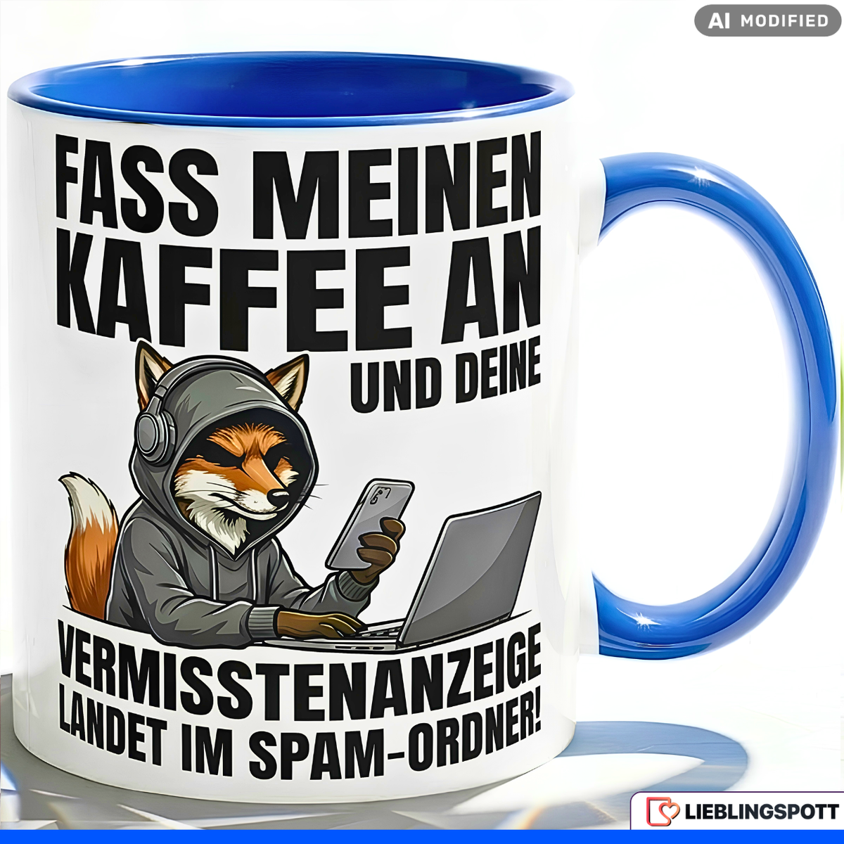 Fuchs Tasse Spruch Fass meinen Kaffee an Vermisstenanzeige landet im Spam-Ordner – Witzige Kaffeetasse Büro Arbeit Job IT Hacker Humor – Geschenk Kollegen – Keramik Becher 330ml