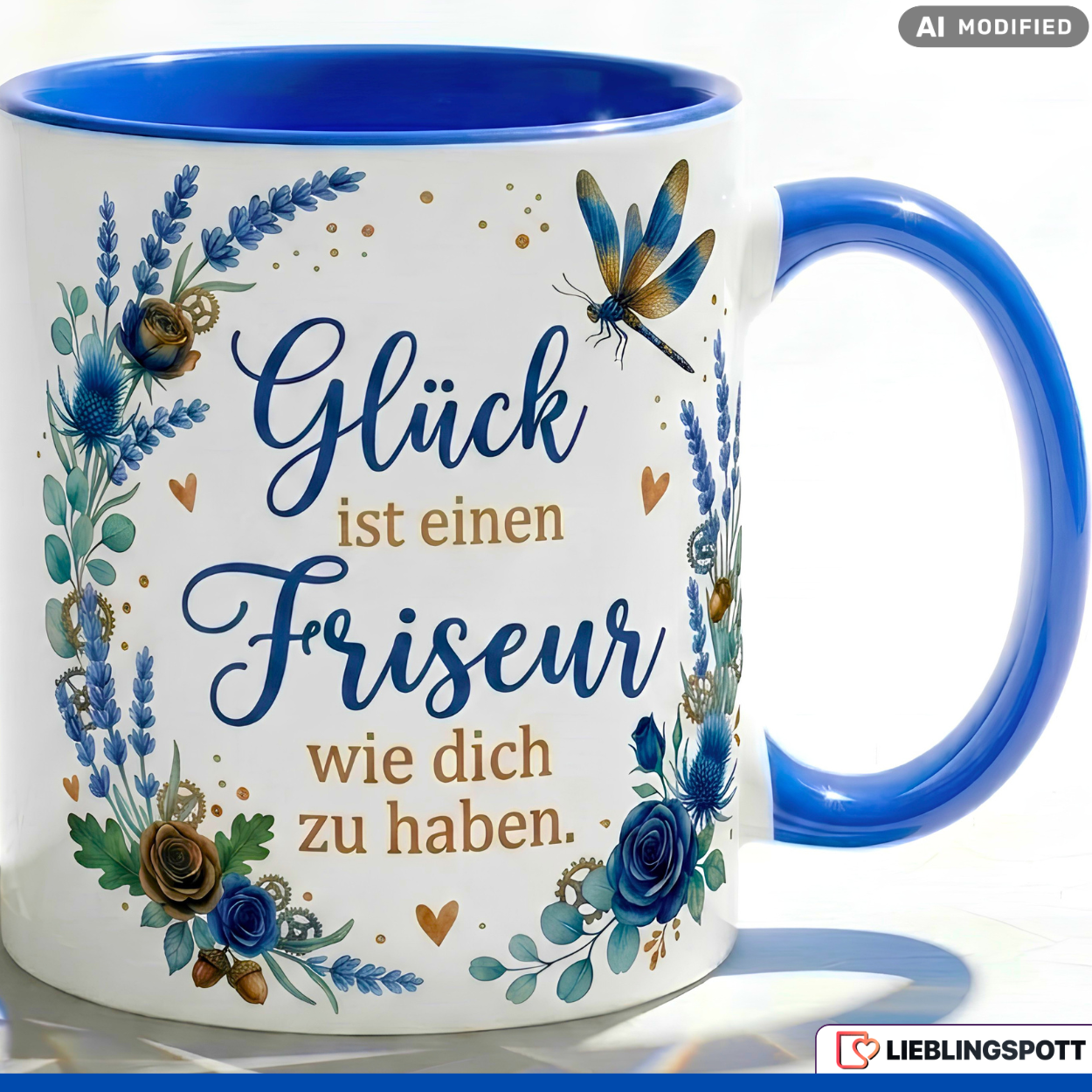 Friseur Tasse Spruch Glück Geschenk Danke Geburtstag Salon Blau Becher 330ml