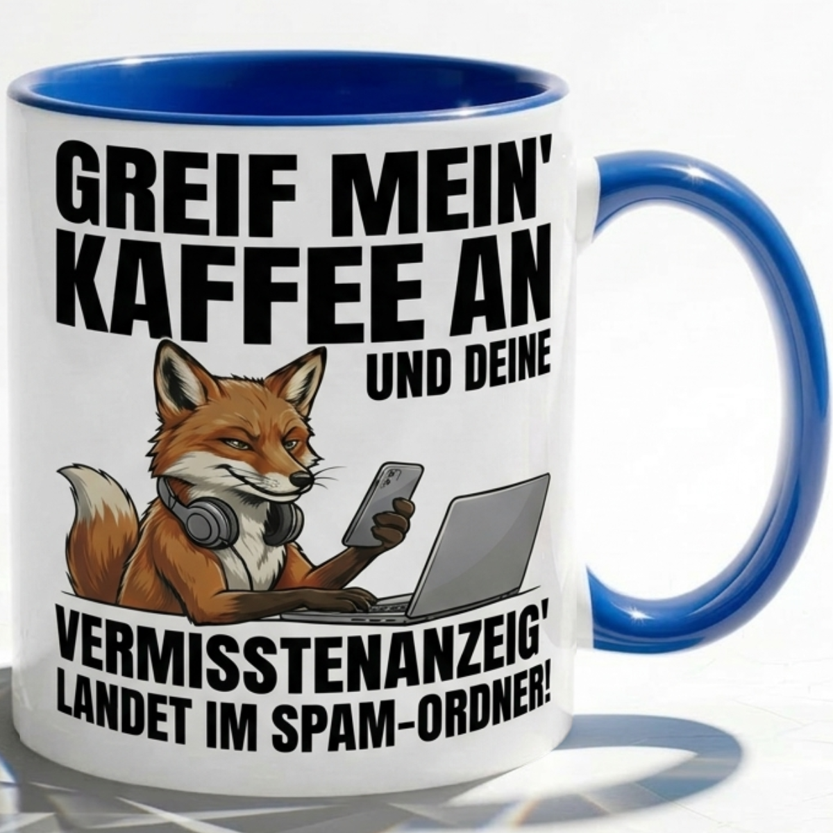 Lustige Fuchs Tasse Spruch Greif mein Kaffee an Vermisstenanzeig landet im Spam-Ordner – Witzige Kaffeetasse Büro Arbeit Job IT Hacker Humor – Geschenk Kollegen – Keramik Becher 330ml