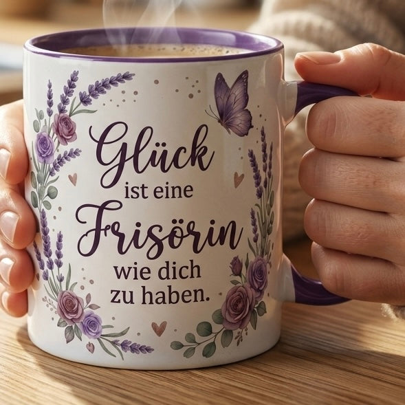 Frisörin Tasse Spruch Glück ist eine Frisörin wie dich zu haben – Geschenk Friseurin Salon Geburtstag Danke Abschied – Kaffeetasse Lavendel – Keramik Becher Weiß Rosa 330ml