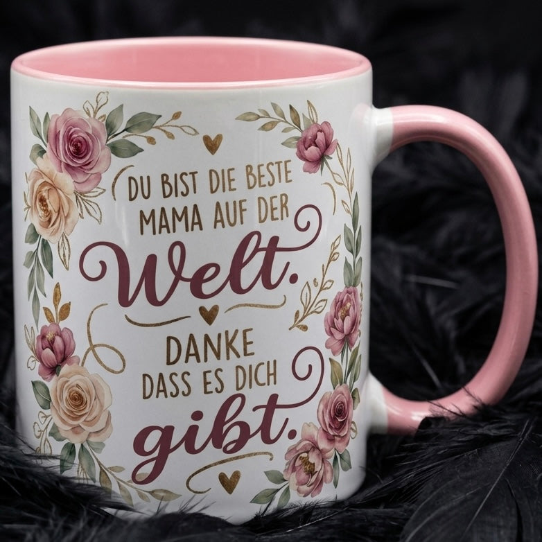 Mama Tasse Spruch Du bist die beste Mama auf der Welt Danke dass es dich gibt – Geschenk für Mutter Muttertag Geburtstag Weihnachten – Kaffeetasse Blumen – Keramik Becher 330ml
