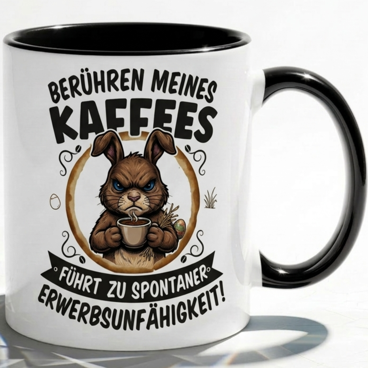 Lustige Hase Tasse Spruch Berühren meines Kaffees führt zu spontaner Erwerbsunfähigkeit – Witzige Kaffeetasse Büro Arbeit Job Humor Morgenmuffel – Geschenk Kollegen – Keramik Becher 330ml