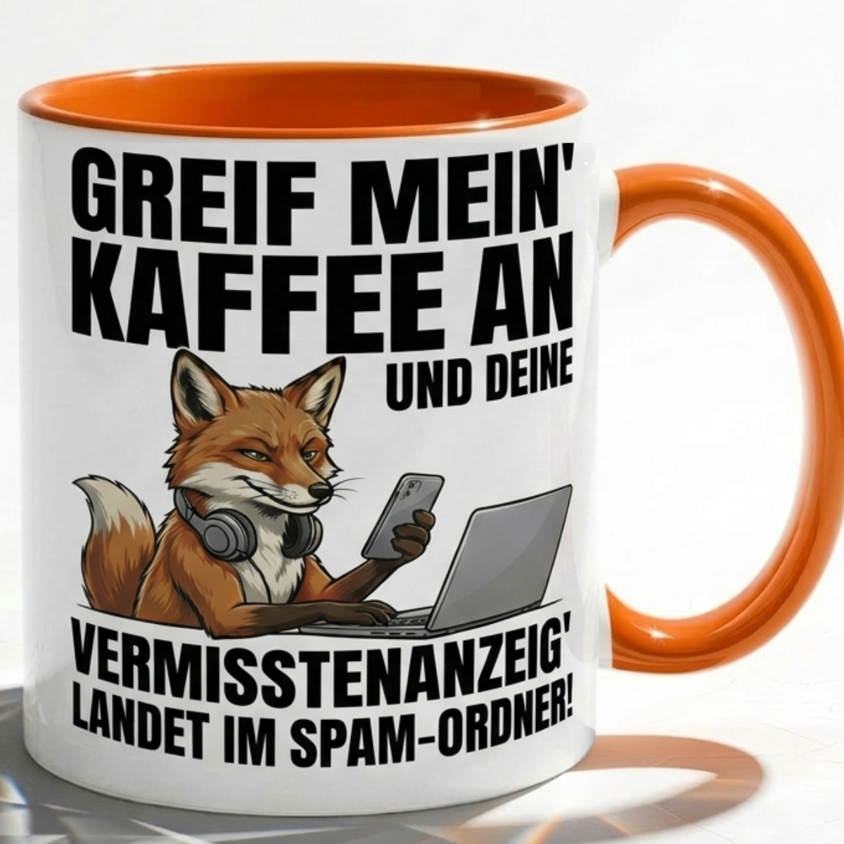 Lustige Fuchs Tasse Spruch Greif mein Kaffee an Vermisstenanzeig landet im Spam-Ordner – Witzige Kaffeetasse Büro Arbeit Job IT Hacker Humor – Geschenk Kollegen – Keramik Becher 330ml