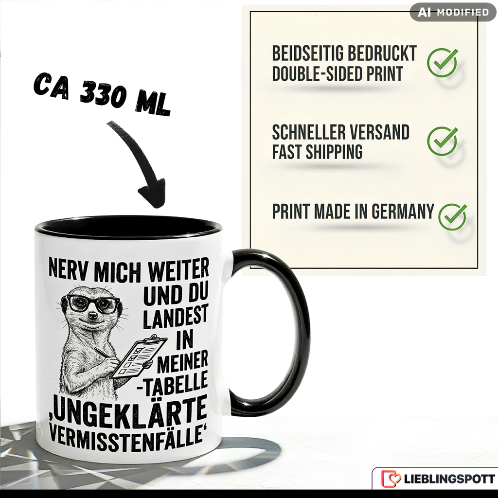 Erdmännchen Tasse Spruch Büro Geschenk Kollege Schwarzer Becher 330ml