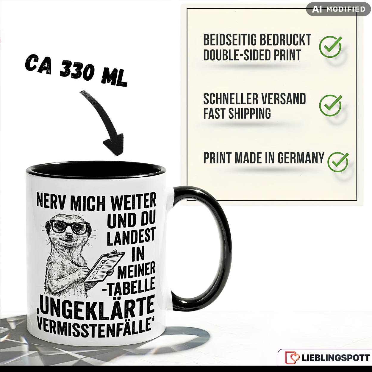 Erdmännchen Tasse Spruch Büro Geschenk Kollege Schwarzer Becher 330ml