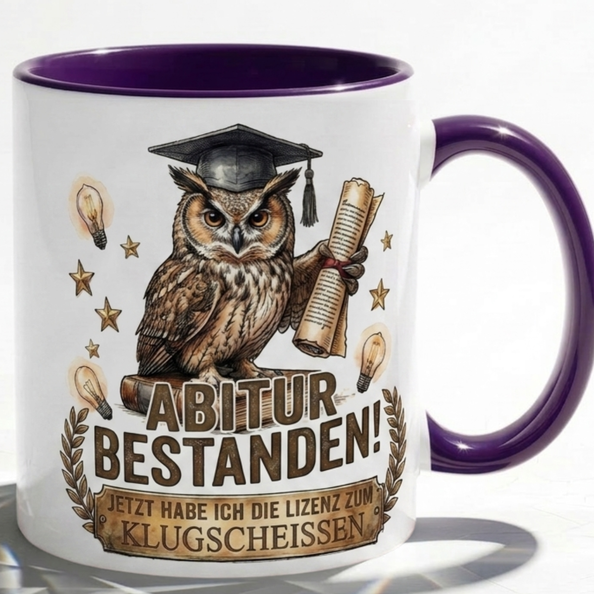 Abitur Tasse Spruch Abitur Bestanden Jetzt habe ich die Lizenz zum Klugscheissen – Lustiges Geschenk Abi Prüfung Schulabschluss 2027 Eule – Kaffeetasse – Keramik Becher Weiß Rot Dunkelrot 330m