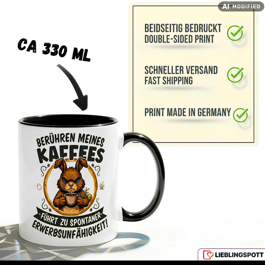 Funny Bunny Mug Saying Touching My Coffee Leads to Spontaneous Incapacity to Work – Humorous Coffee Mug Office Work Job Humor Morning Grump – Gift for Colleagues – Ceramic Mug 330ml