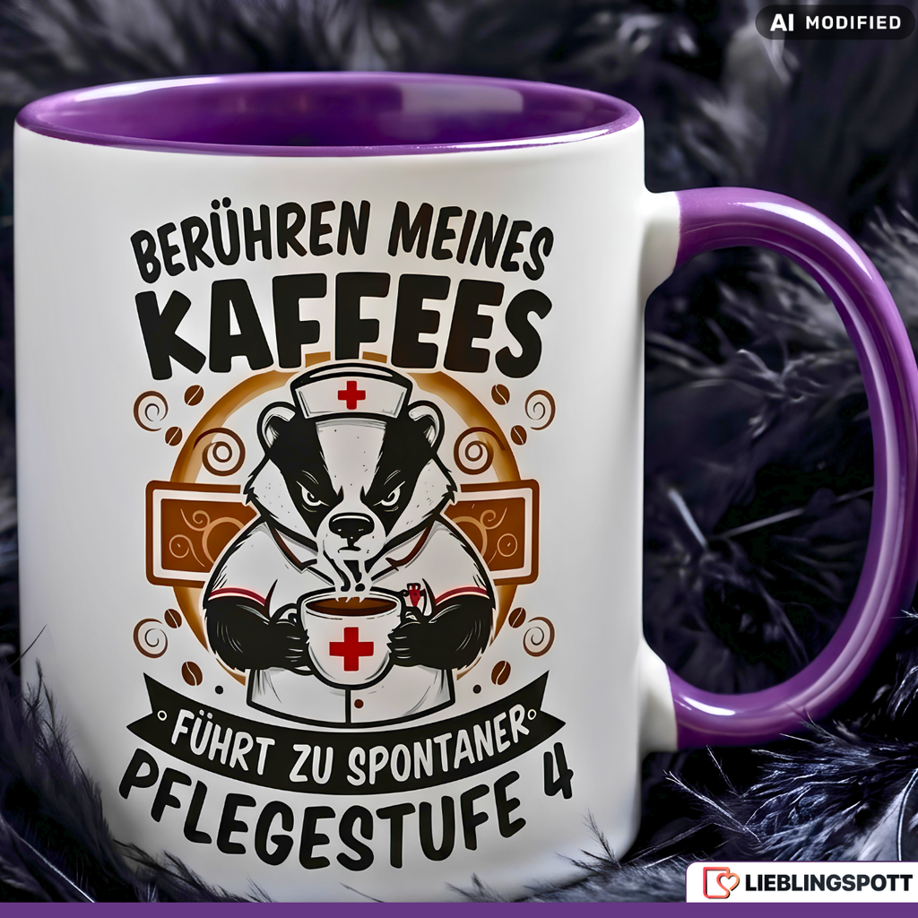 Lustige Dachs Tasse Spruch Berühren meines Kaffees führt zu spontaner Pflegestufe 4 – Witzige Kaffeetasse Pflegekraft Krankenschwester Pfleger – Geschenk Krankenhaus Altenpflege – Keramik 330ml