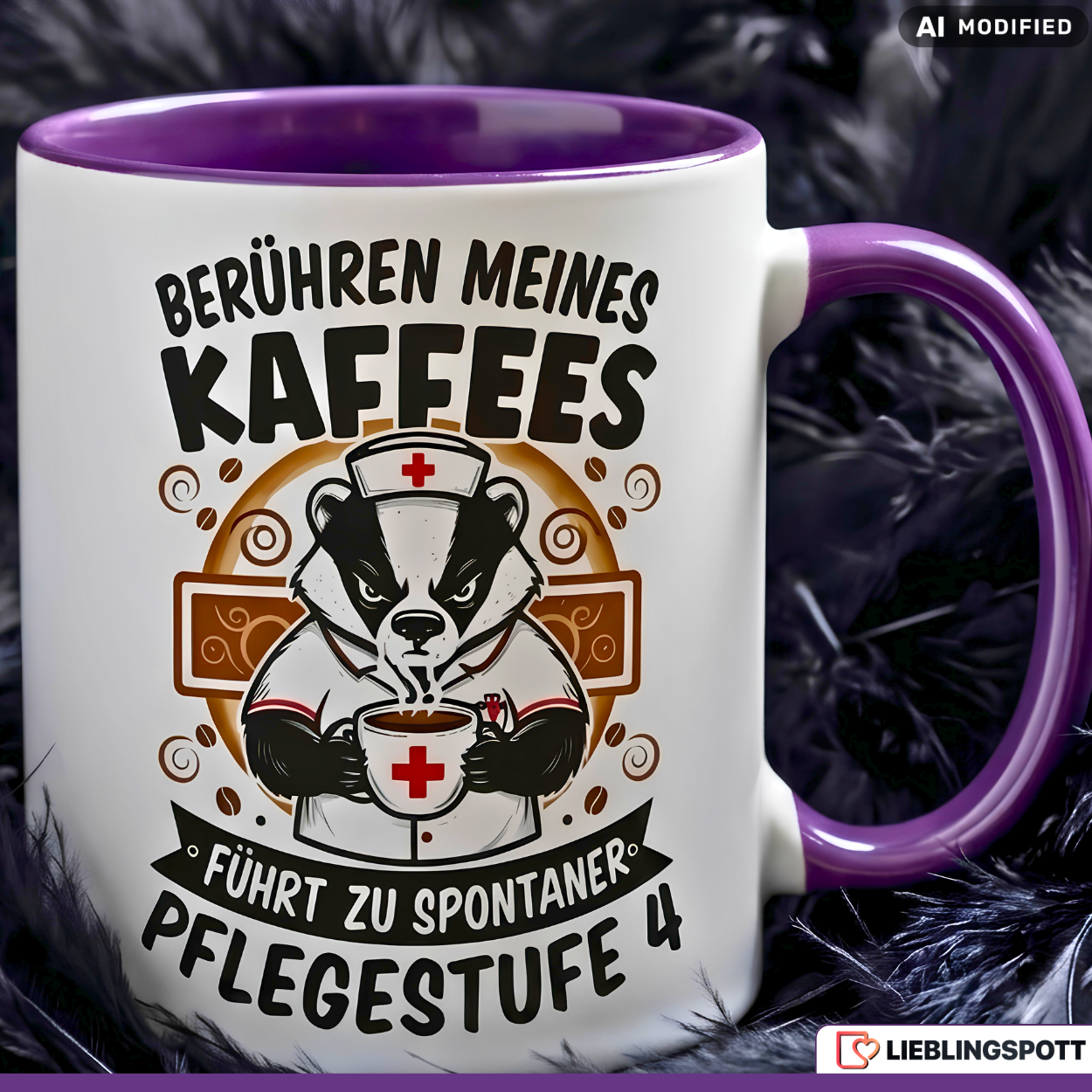 Lustige Dachs Tasse Spruch Berühren meines Kaffees führt zu spontaner Pflegestufe 4 – Witzige Kaffeetasse Pflegekraft Krankenschwester Pfleger – Geschenk Krankenhaus Altenpflege – Keramik 330ml