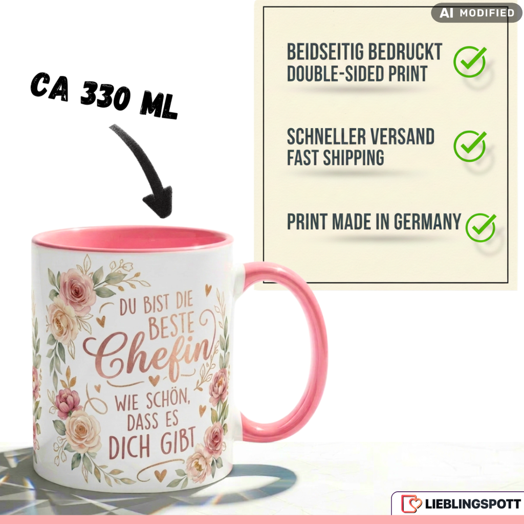 Chefin Tasse Spruch Beste Geschenk Danke Geburtstag Rosa Becher 330ml