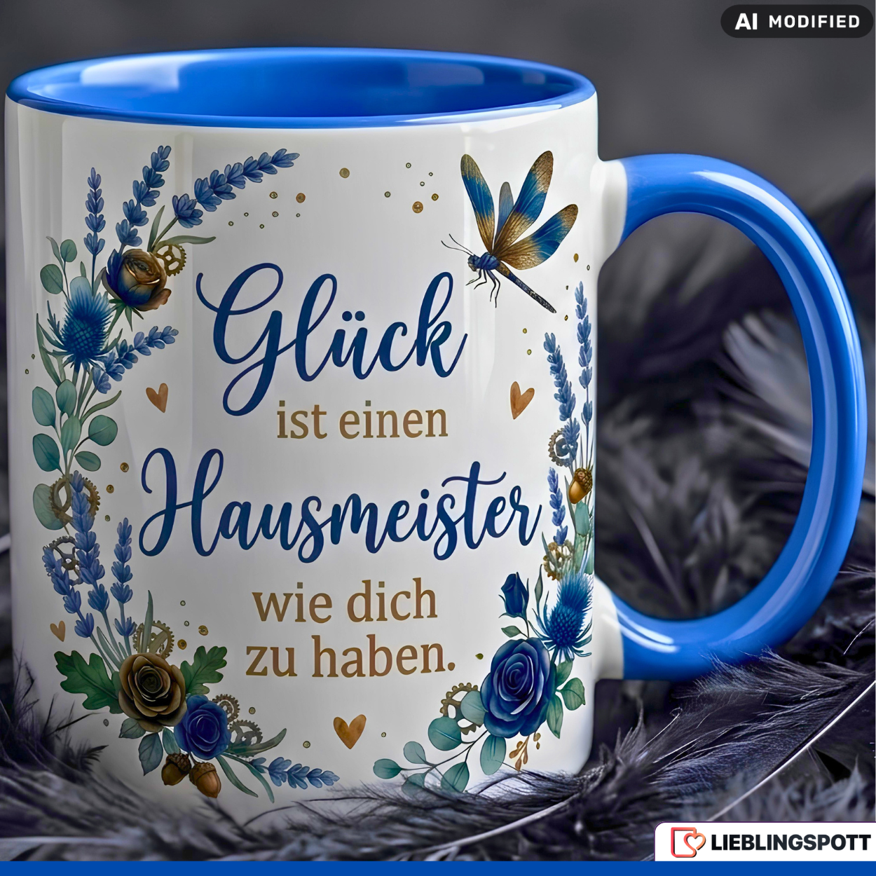 Hausmeister Tasse Spruch Glück Geschenk Danke Geburtstag Blau Becher 330ml