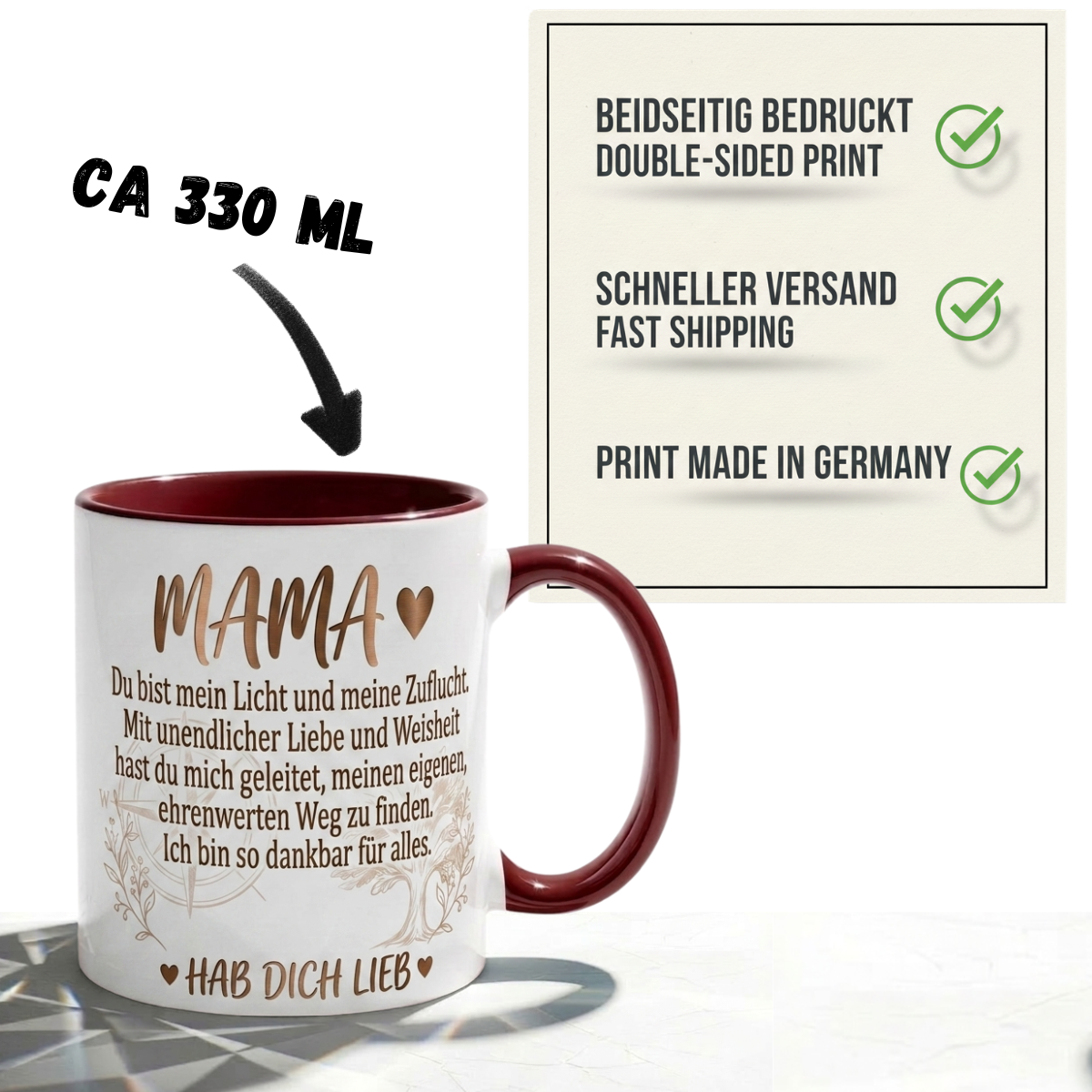 Mama Tasse Spruch Du bist mein Licht und meine Zuflucht Hab dich lieb – Geschenk für Mutter Muttertag Geburtstag Danke Weihnachten – Kaffeetasse – Keramik Becher 330ml