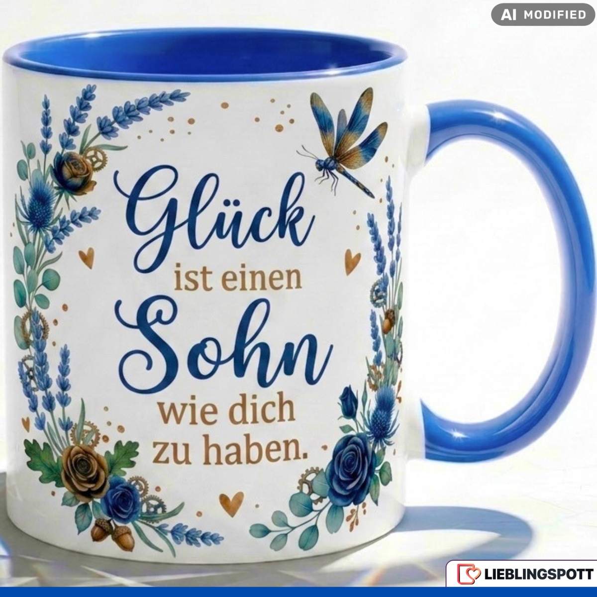 Sohn Tasse Spruch Glück Geschenk Geburtstag Blau Kaffeetasse 330ml