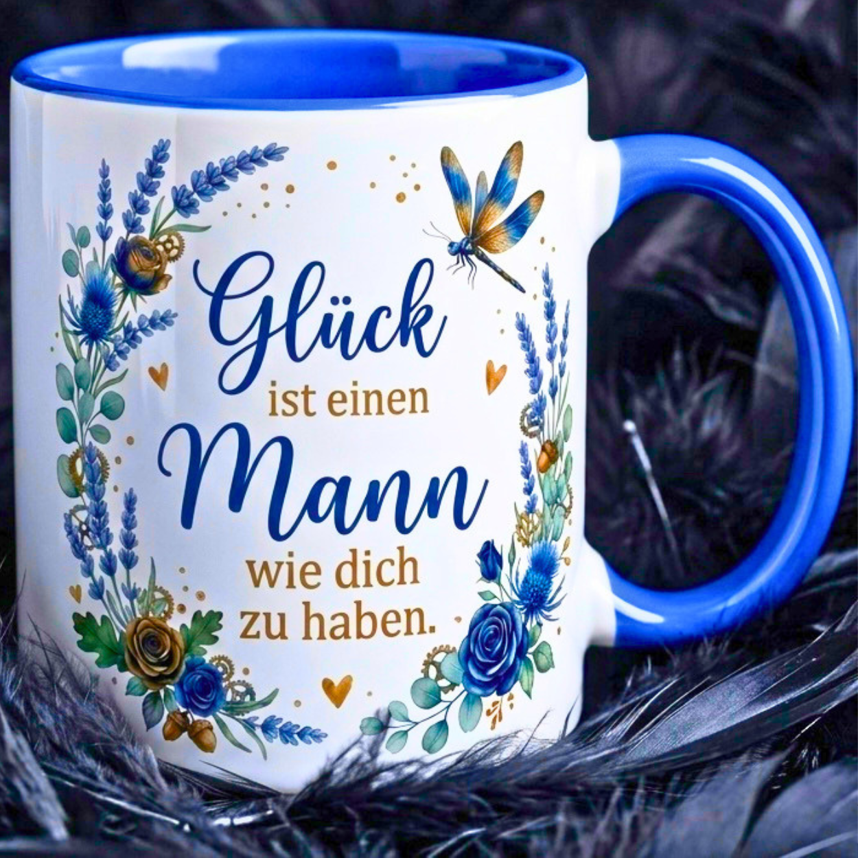 Mann Tasse Spruch Glück Geschenk Jahrestag Geburtstag Blau Becher 330ml