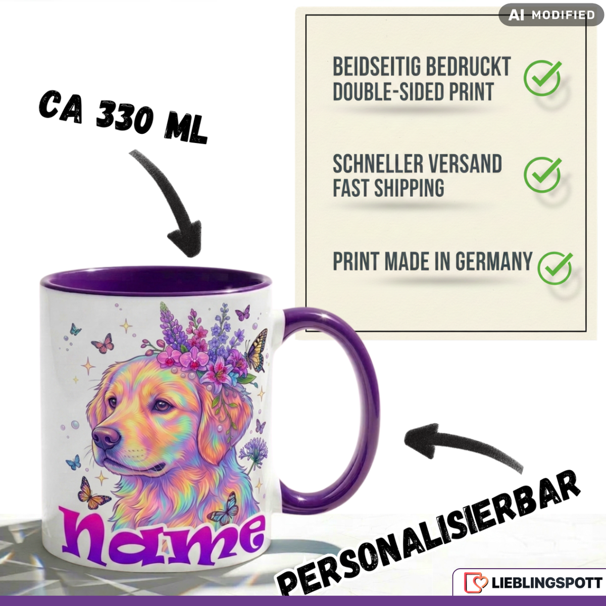 Hund Tasse Name personalisiert Geschenk Mädchen Rosa Becher 330ml