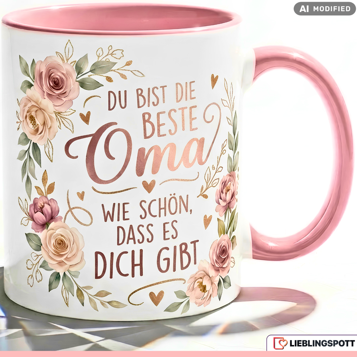 Oma Tasse Spruch Du bist die beste Oma Wie schön dass es dich gibt – Geschenk für Großmutter Geburtstag Danke Weihnachten Enkelkinder – Kaffeetasse Blumen – Keramik Becher Weiß Rosa 330ml