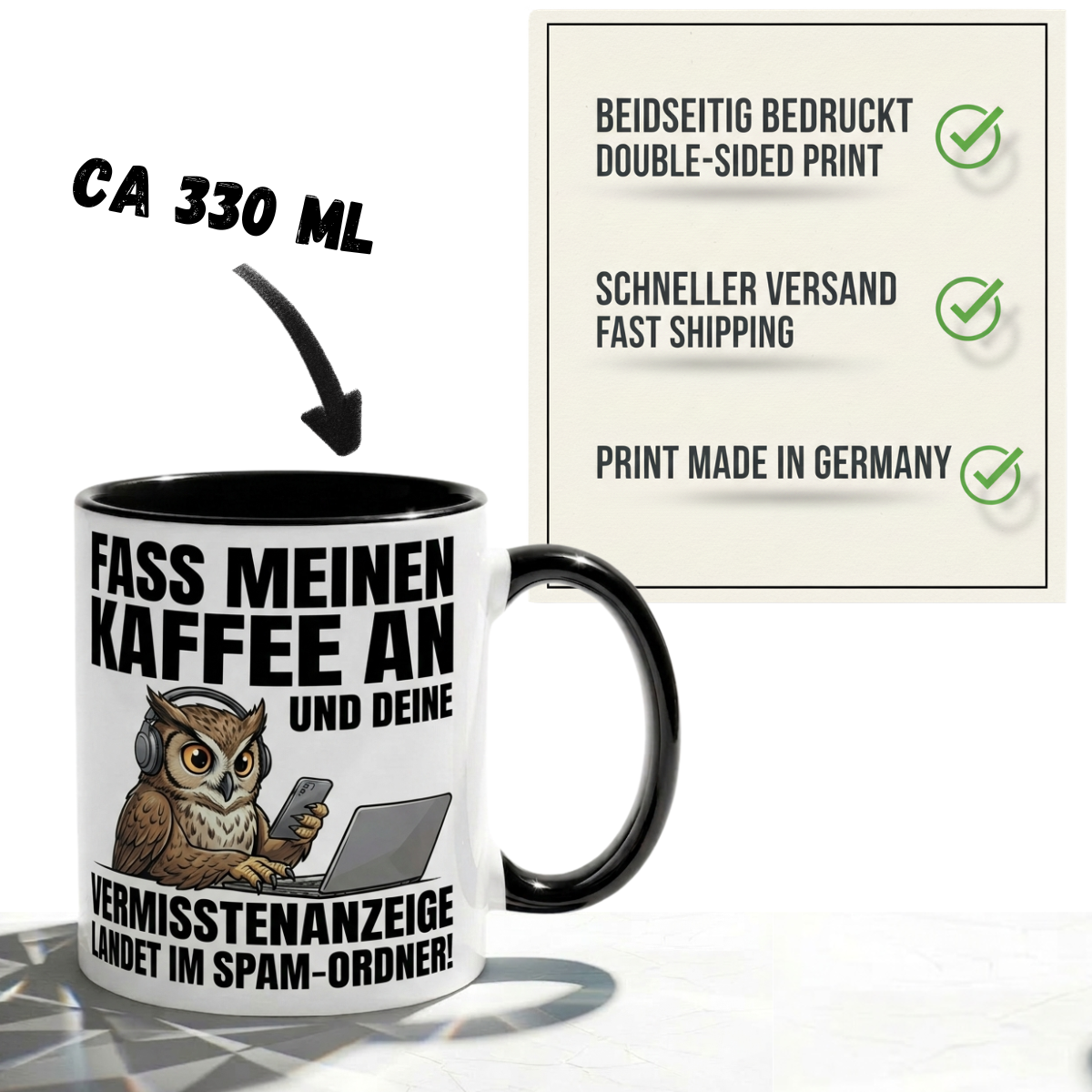 Eule Tasse Spruch Fass meinen Kaffee an Vermisstenanzeige landet im Spam-Ordner – Witzige Kaffeetasse Büro Arbeit Job IT Hacker Humor – Geschenk Kollegen – Keramik Becher 330ml
