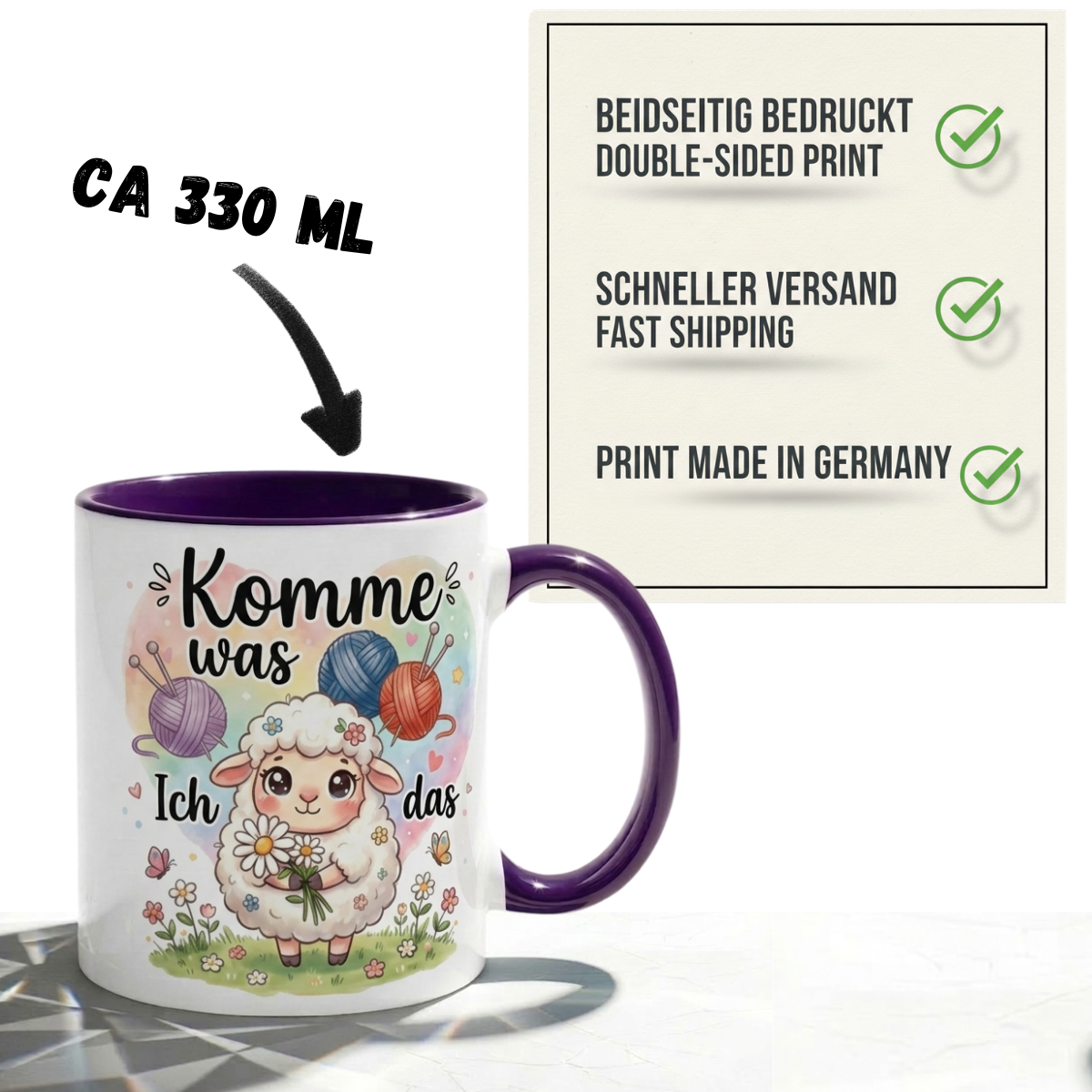 Lustige Schaf Tasse Spruch Komme was wolle Ich schaf das – Witzige Kaffeetasse Stricken Häkeln Wolle Handarbeit Motiv – Geschenk Freundin Geburtstag Mutmacher – Keramik Becher 330ml