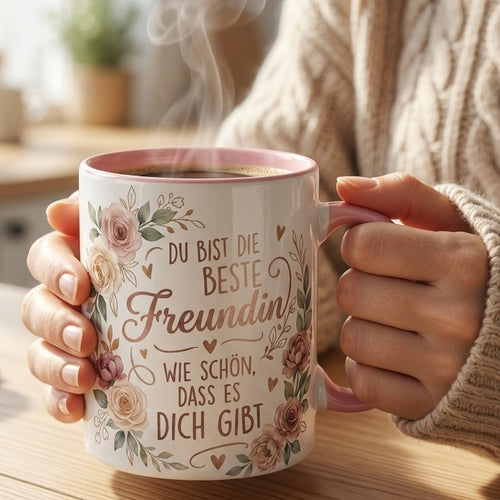 Beste Freundin Tasse Spruch Du bist die beste Freundin Wie schön dass es dich gibt – Geschenk beste Freundin Geburtstag Danke Abschied – Kaffeetasse Blumen – Keramik Becher Weiß Rosa 330ml