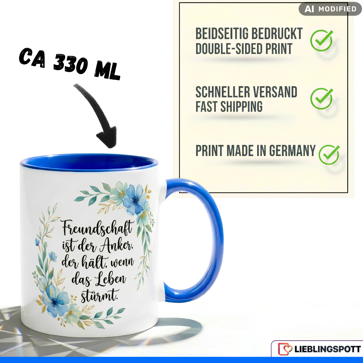 Freundschaft Tasse Spruch Anker Geschenk Freundin Blauer Becher 330ml