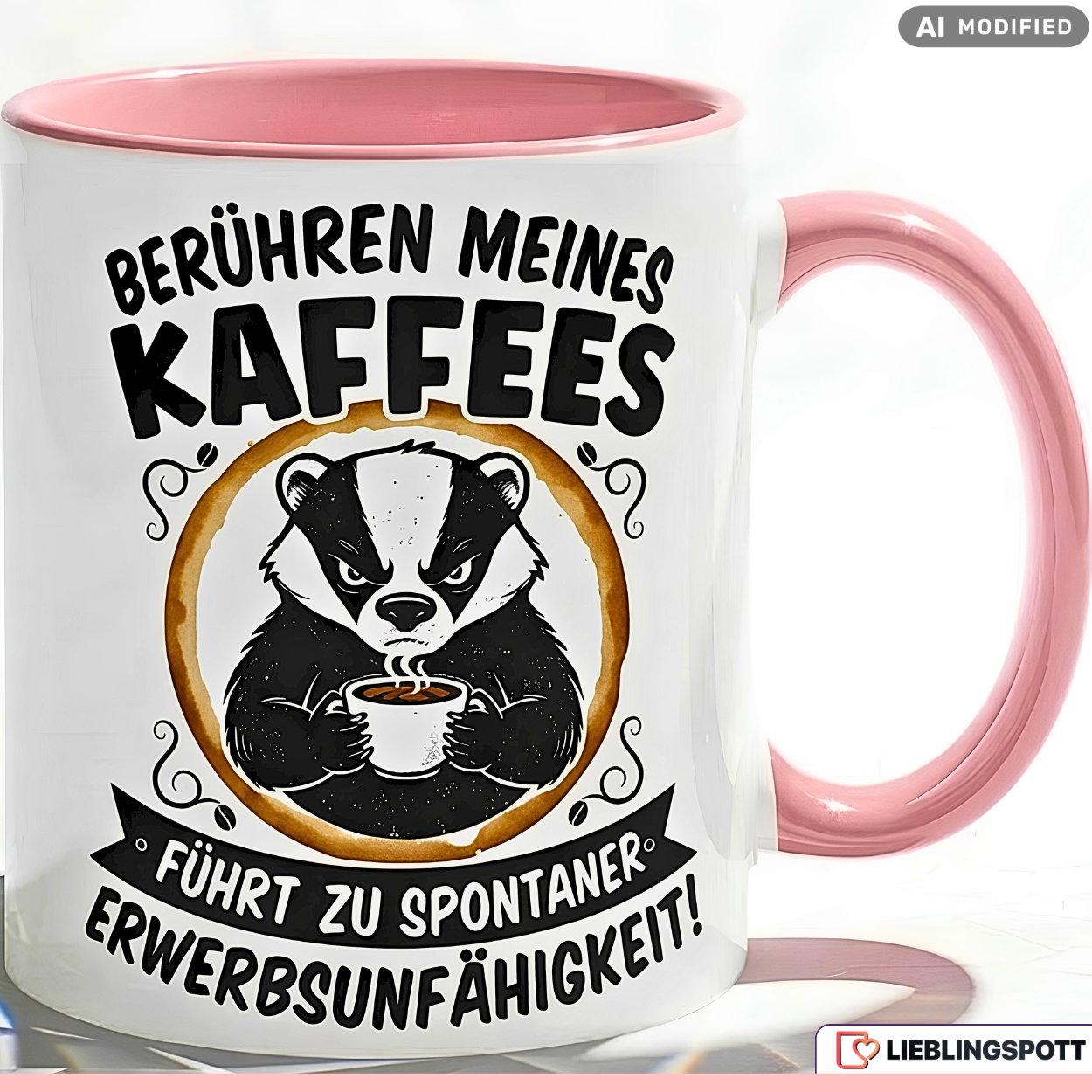 Lustige Dachs Tasse Spruch Berühren meines Kaffees führt zu spontaner Erwerbsunfähigkeit – Witzige Kaffeetasse Büro Arbeit Job – Geschenk Kollegen Chef Humor – Keramik 330ml