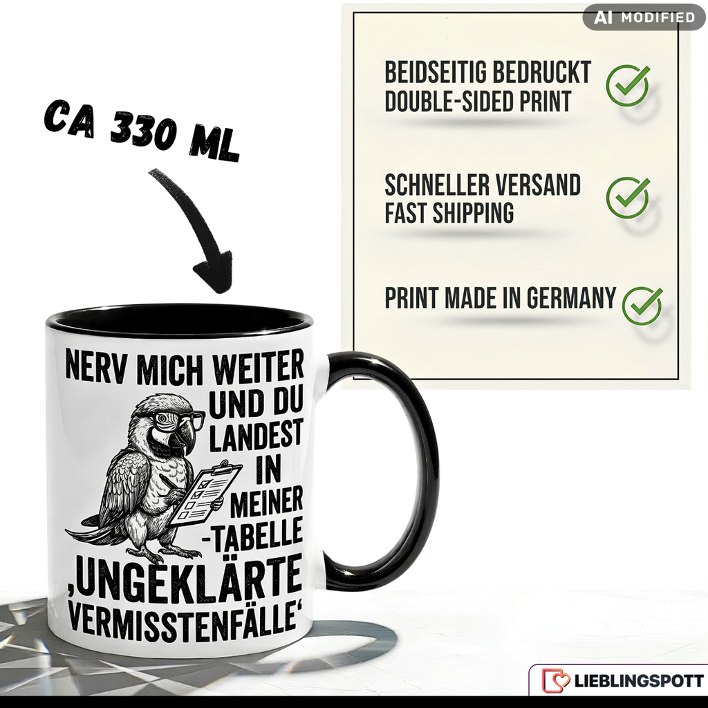 Papagei Tasse Spruch Büro Geschenk Kollege Schwarzer Becher 330ml