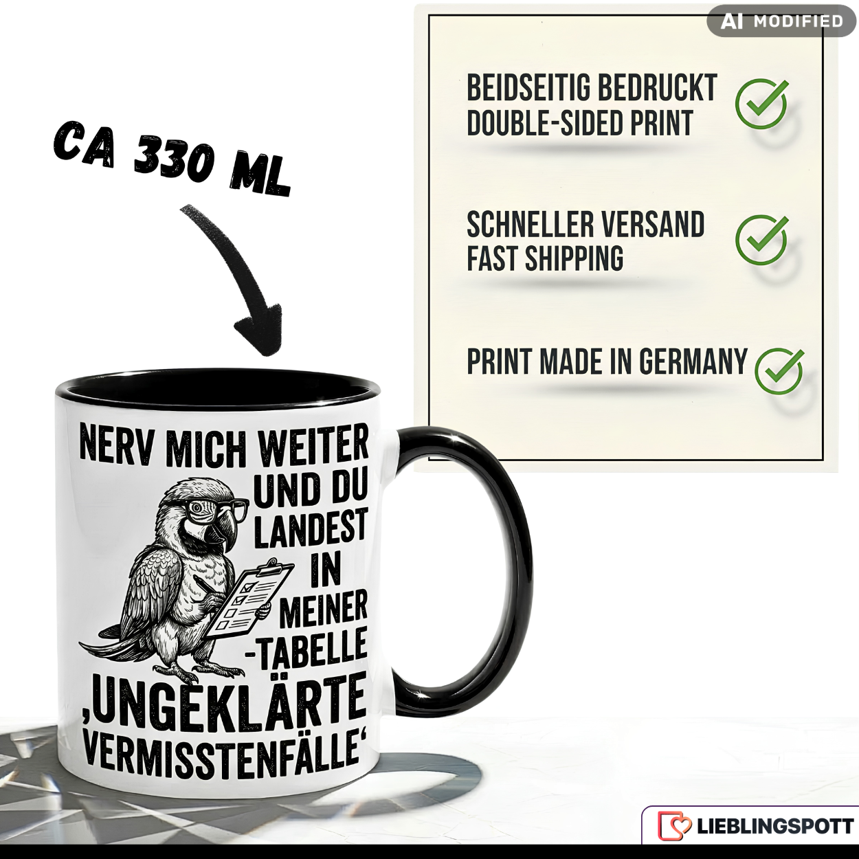 Papagei Tasse Spruch Büro Geschenk Kollege Schwarzer Becher 330ml