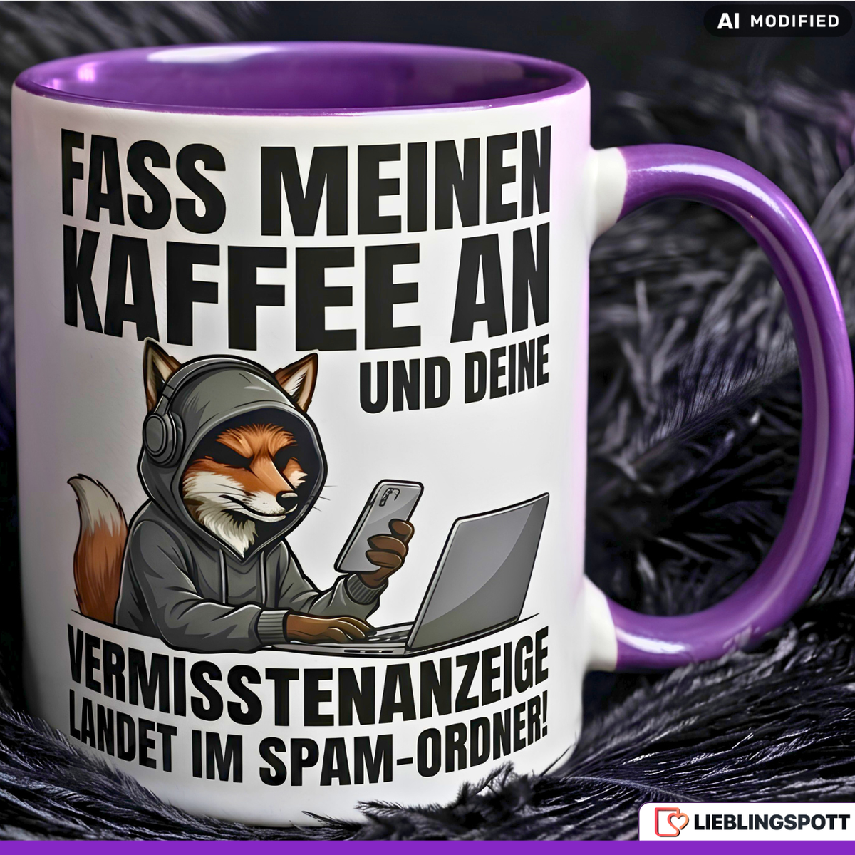Fuchs Tasse Spruch Fass meinen Kaffee an Vermisstenanzeige landet im Spam-Ordner – Witzige Kaffeetasse Büro Arbeit Job IT Hacker Humor – Geschenk Kollegen – Keramik Becher 330ml