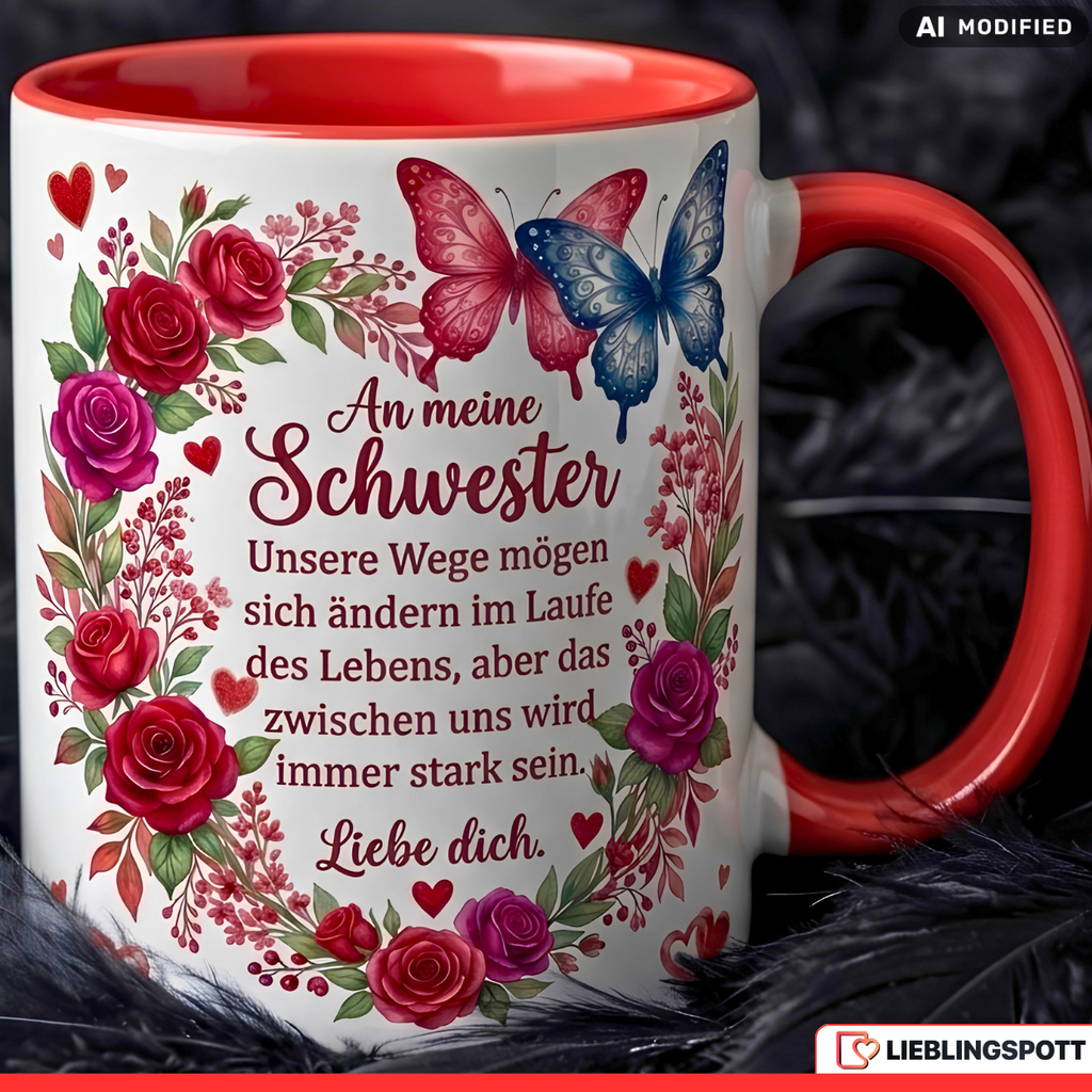 Schwester Tasse Spruch Wege Geschenk Danke Geburtstag Rot Kaffeetasse 330ml