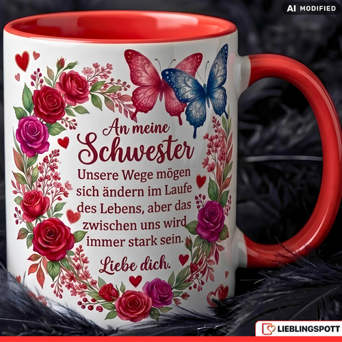 Schwester Tasse Spruch Wege Geschenk Danke Geburtstag Rot Kaffeetasse 330ml