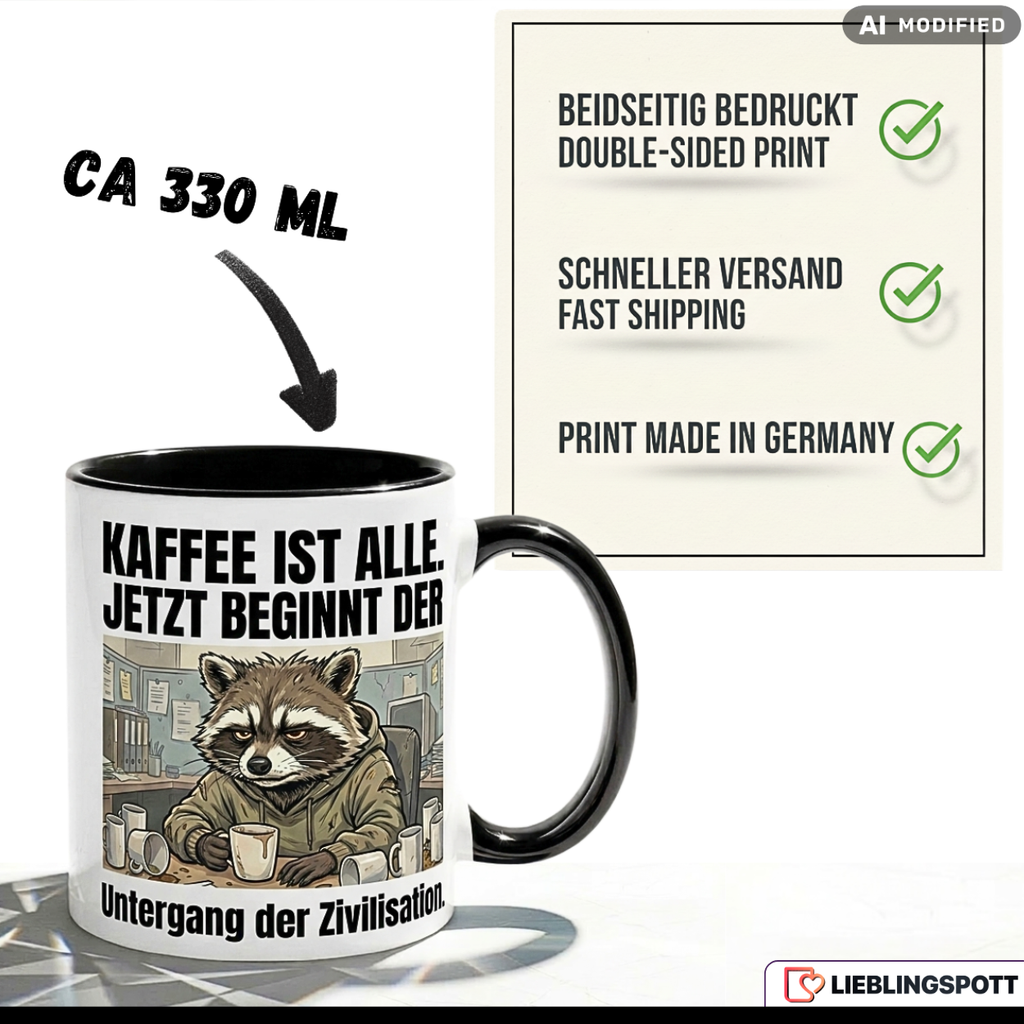 Waschbär Tasse Spruch Kaffee Büro Geschenk Kollege Schwarzer Becher 330ml