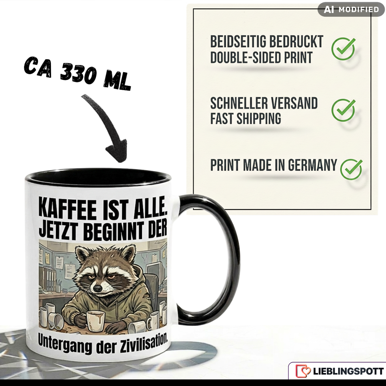 Waschbär Tasse Spruch Kaffee Büro Geschenk Kollege Schwarzer Becher 330ml