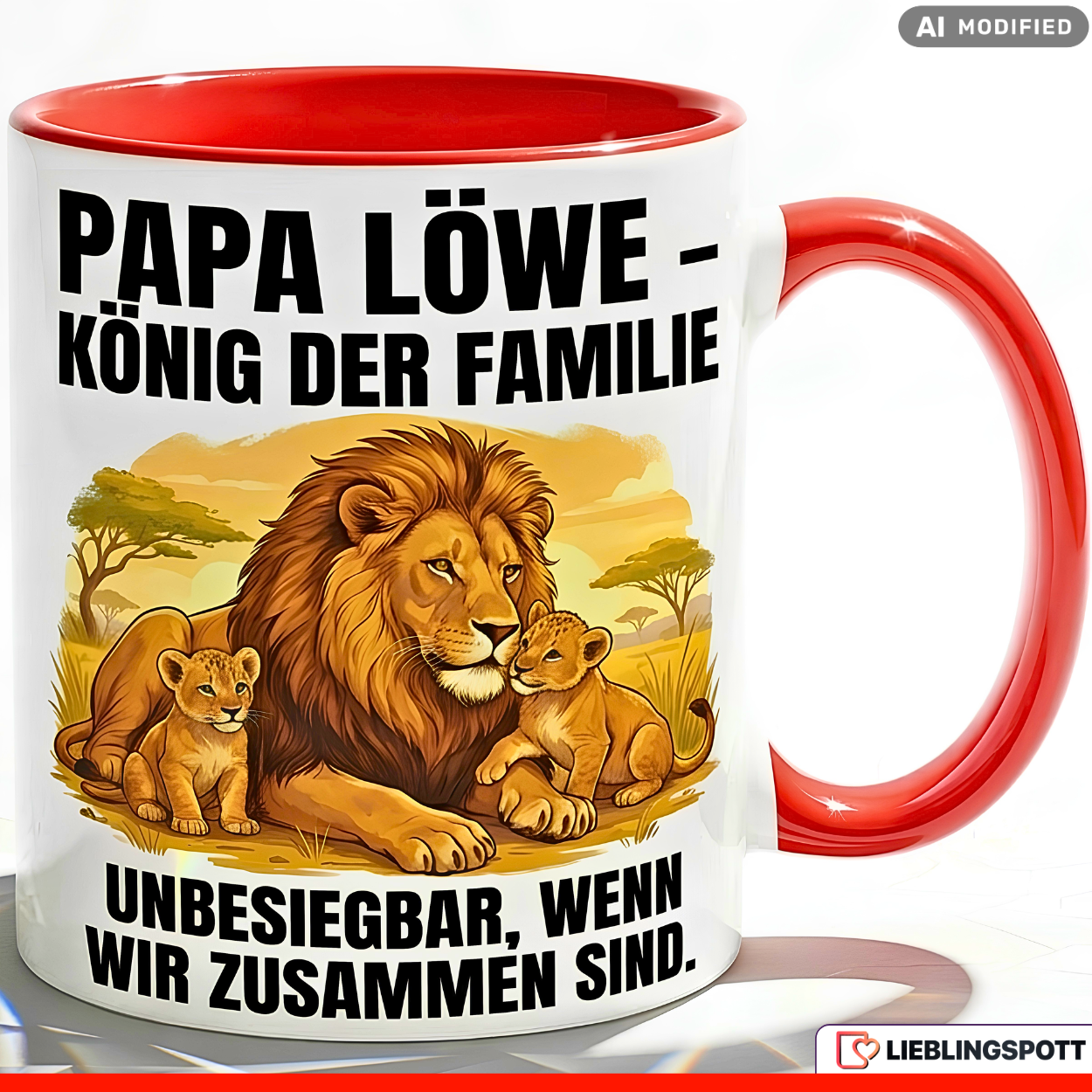 Papa Tasse Spruch Papa Löwe König der Familie Unbesiegbar wenn wir zusammen sind – Geschenk für Vater zum Vatertag Geburtstag Weihnachten – Kaffeetasse Löwen Motiv – Keramik Becher Weiß Schwarz 330ml