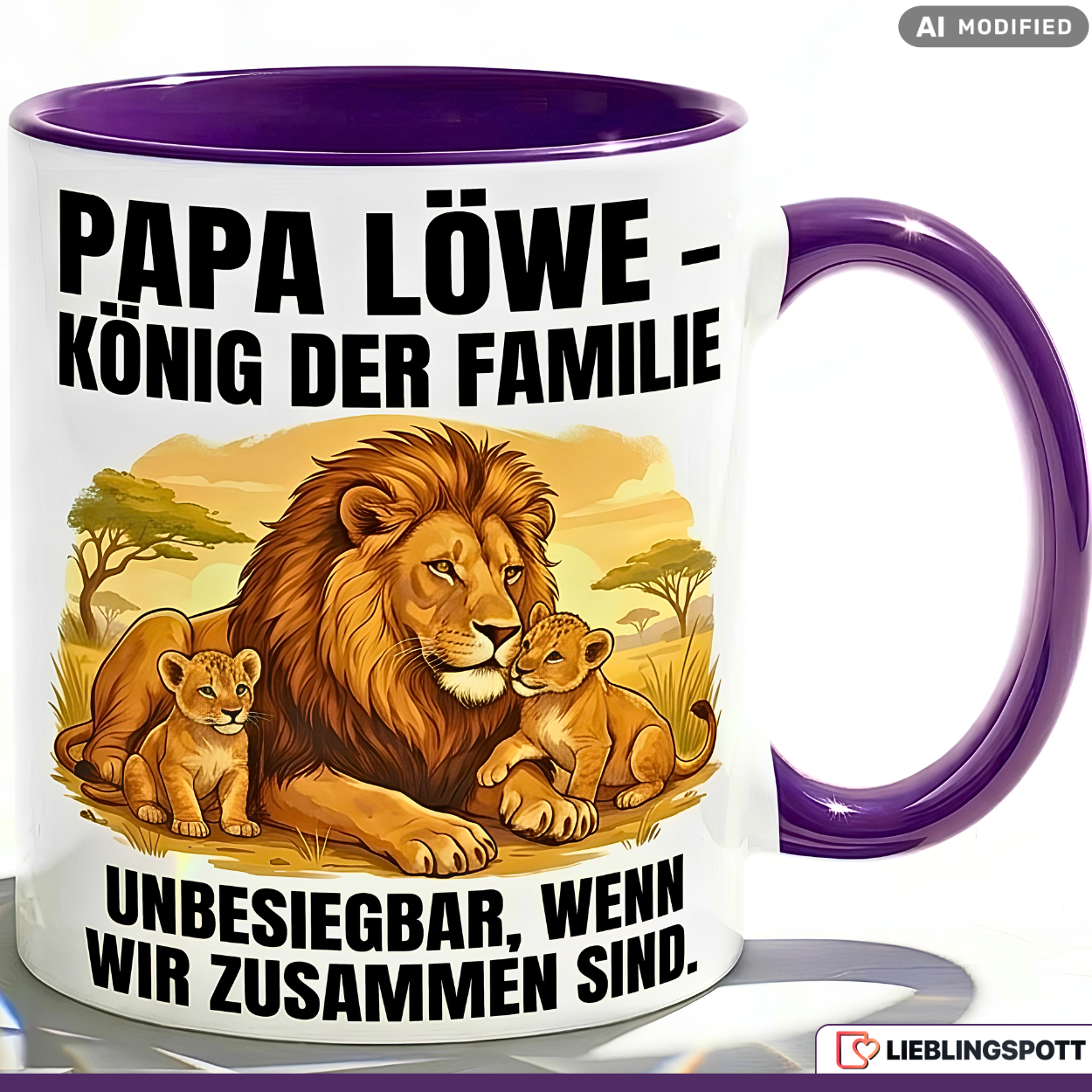 Papa Tasse Spruch Papa Löwe König der Familie Unbesiegbar wenn wir zusammen sind – Geschenk für Vater zum Vatertag Geburtstag Weihnachten – Kaffeetasse Löwen Motiv – Keramik Becher Weiß Schwarz 330ml