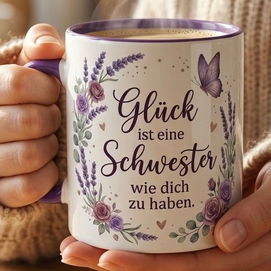 Schwester Tasse Spruch Glück ist eine Schwester wie dich zu haben – Geschenk für Schwestern Geburtstag Danke Weihnachten – Kaffeetasse Lavendel – Becher Weiß Lila 330ml