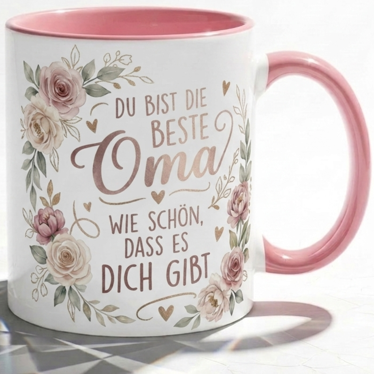Oma Tasse Spruch Du bist die beste Oma Wie schön dass es dich gibt – Geschenk für Großmutter Geburtstag Danke Weihnachten Enkelkinder – Kaffeetasse Blumen – Keramik Becher Weiß Rosa 330ml