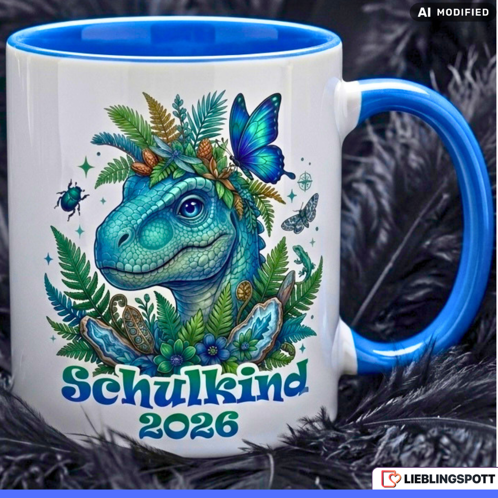 Schulkind Tasse Dino Geschenk Einschulung 2026 Dinosaurier Blau Becher 330ml