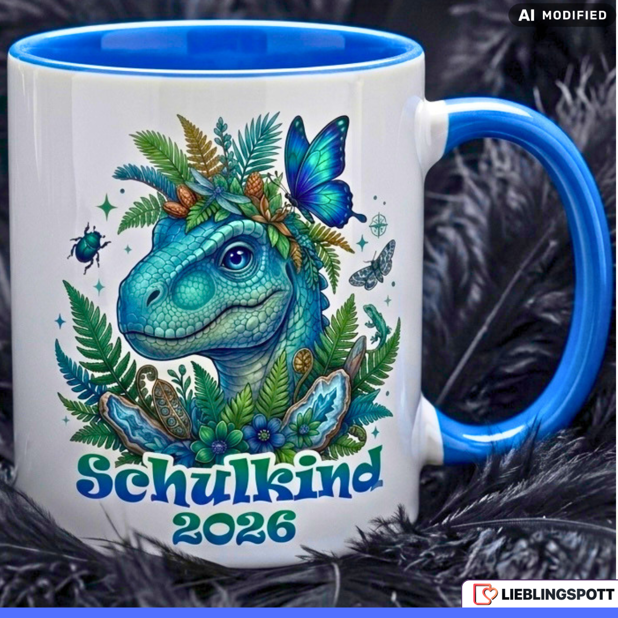 Schulkind Tasse Dino Geschenk Einschulung 2026 Dinosaurier Blau Becher 330ml