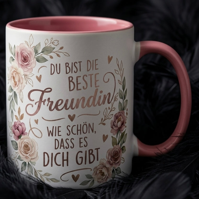 Beste Freundin Tasse Spruch Du bist die beste Freundin Wie schön dass es dich gibt – Geschenk beste Freundin Geburtstag Danke Abschied – Kaffeetasse Blumen – Keramik Becher Weiß Rosa 330ml