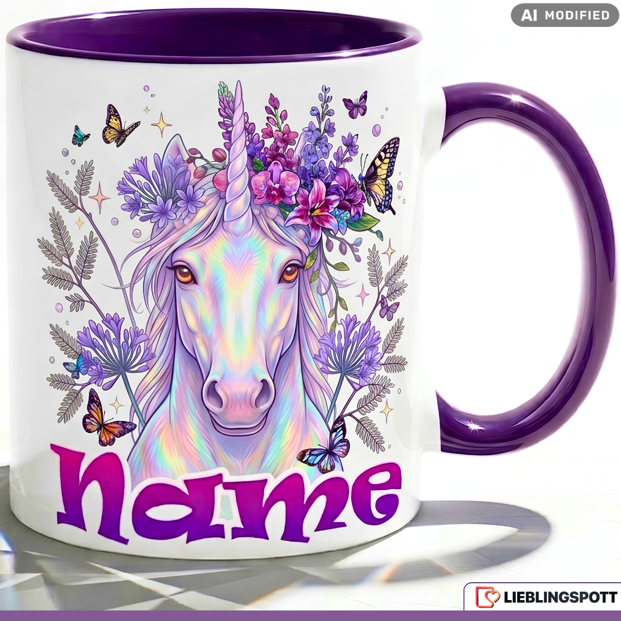 Einhorn Tasse Name personalisiert Geschenk Mädchen Lila Becher 330ml