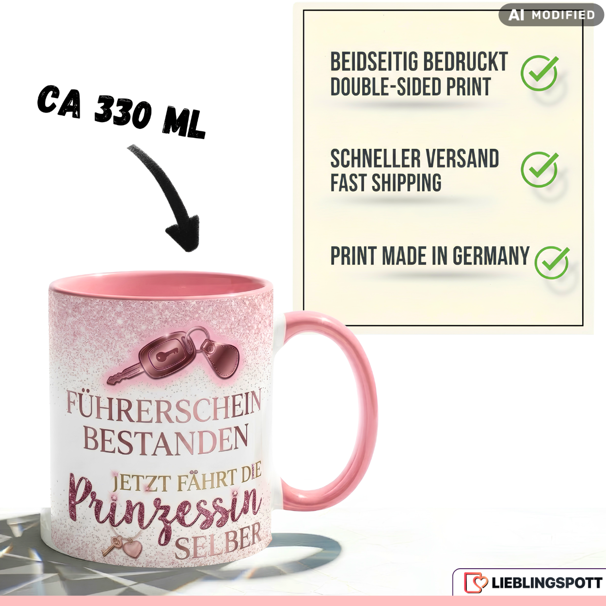 Führerschein Tasse Prinzessin Spruch Geschenk bestanden Rosa Becher 330ml