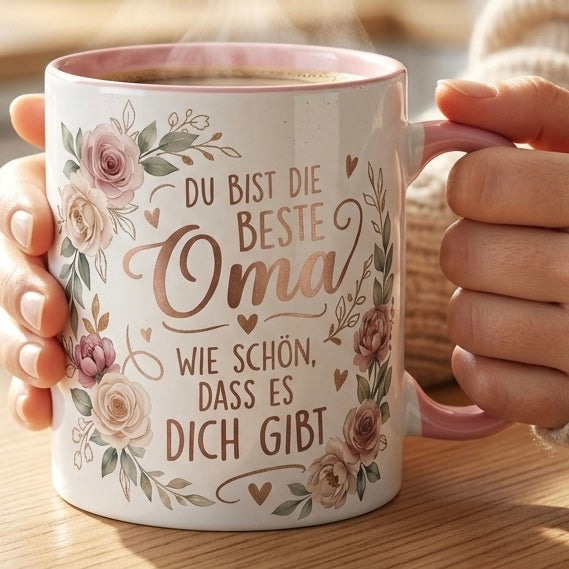 Oma Tasse Spruch Du bist die beste Oma Wie schön dass es dich gibt – Geschenk für Großmutter Geburtstag Danke Weihnachten Enkelkinder – Kaffeetasse Blumen – Keramik Becher Weiß Rosa 330ml