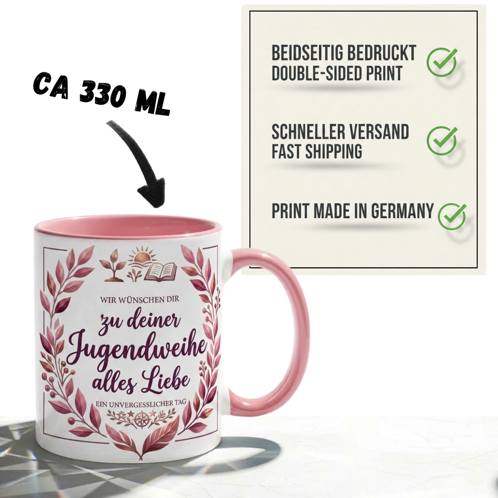 Jugendweihe Tasse Spruch Wir wünschen dir zu deiner Jugendweihe alles Liebe – Geschenk für Mädchen Teenager Erinnerung Feier 2027 – Kaffeetasse Blumenmotiv– Keramik Becher Weiß Rosa 330ml