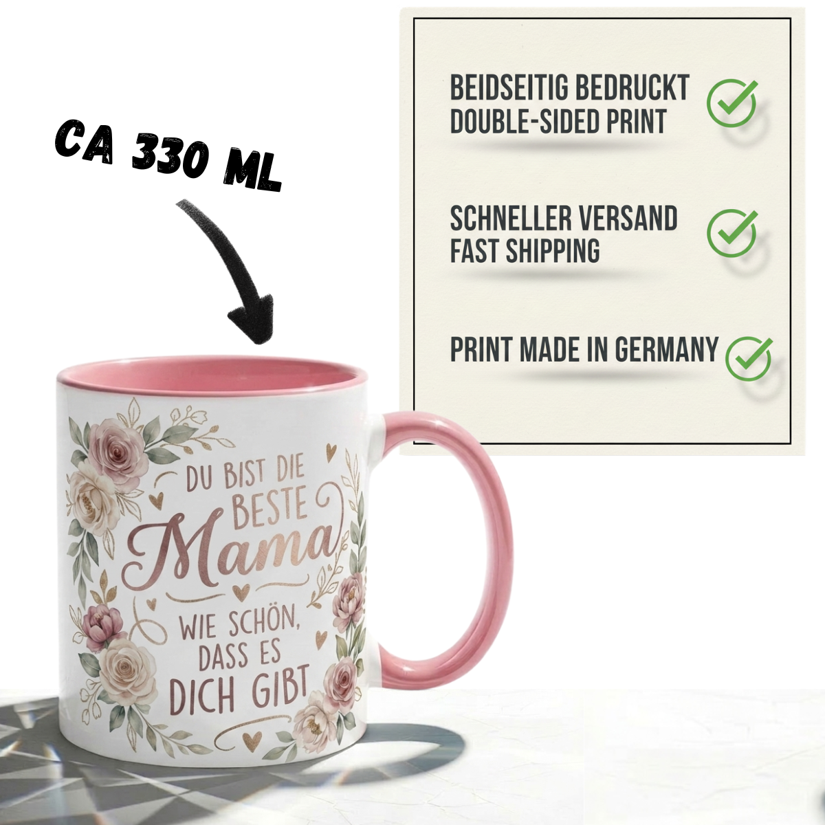 Mama Tasse Spruch Du bist die beste Mama Wie schön dass es dich gibt – Geschenk für Mutter Muttertag Geburtstag Danke Weihnachten – Kaffeetasse Blumen – Keramik Becher Weiß Rosa 330ml