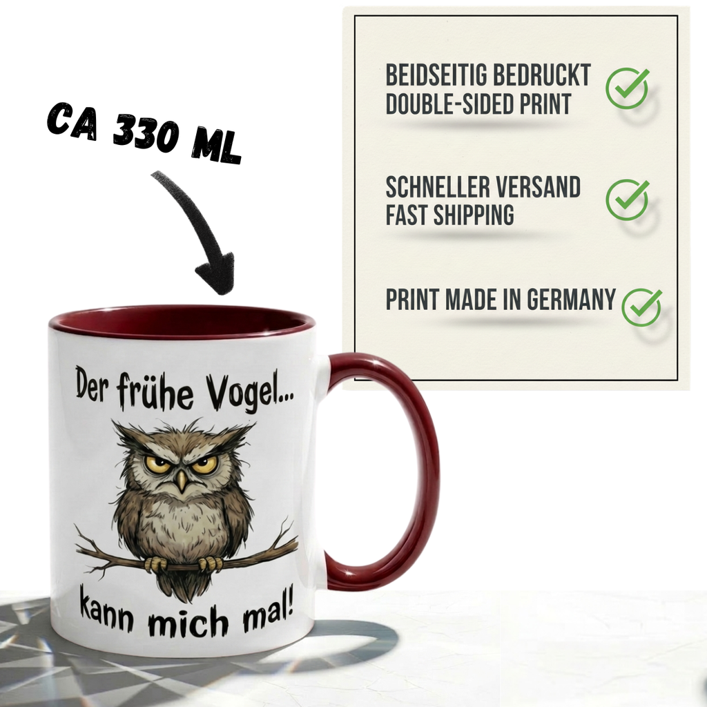 Eule Tasse Spruch Der frühe Vogel kann mich mal – Witzige Kaffeetasse Büro Arbeit Job Morgenmuffel Humor – Geschenk Kollegen Chef – Keramik Becher 330ml