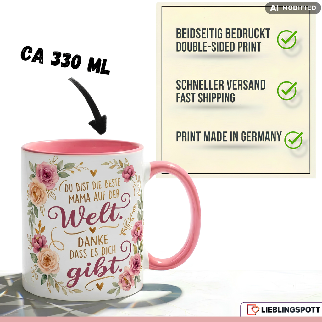 Mama Tasse Spruch Beste Welt Geschenk Danke Muttertag Rosa Becher 330ml