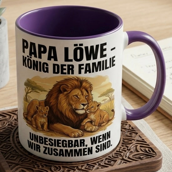 Papa Tasse Spruch Papa Löwe König der Familie Unbesiegbar wenn wir zusammen sind – Geschenk für Vater zum Vatertag Geburtstag Weihnachten – Kaffeetasse Löwen Motiv – Keramik Becher Weiß Schwarz 330ml